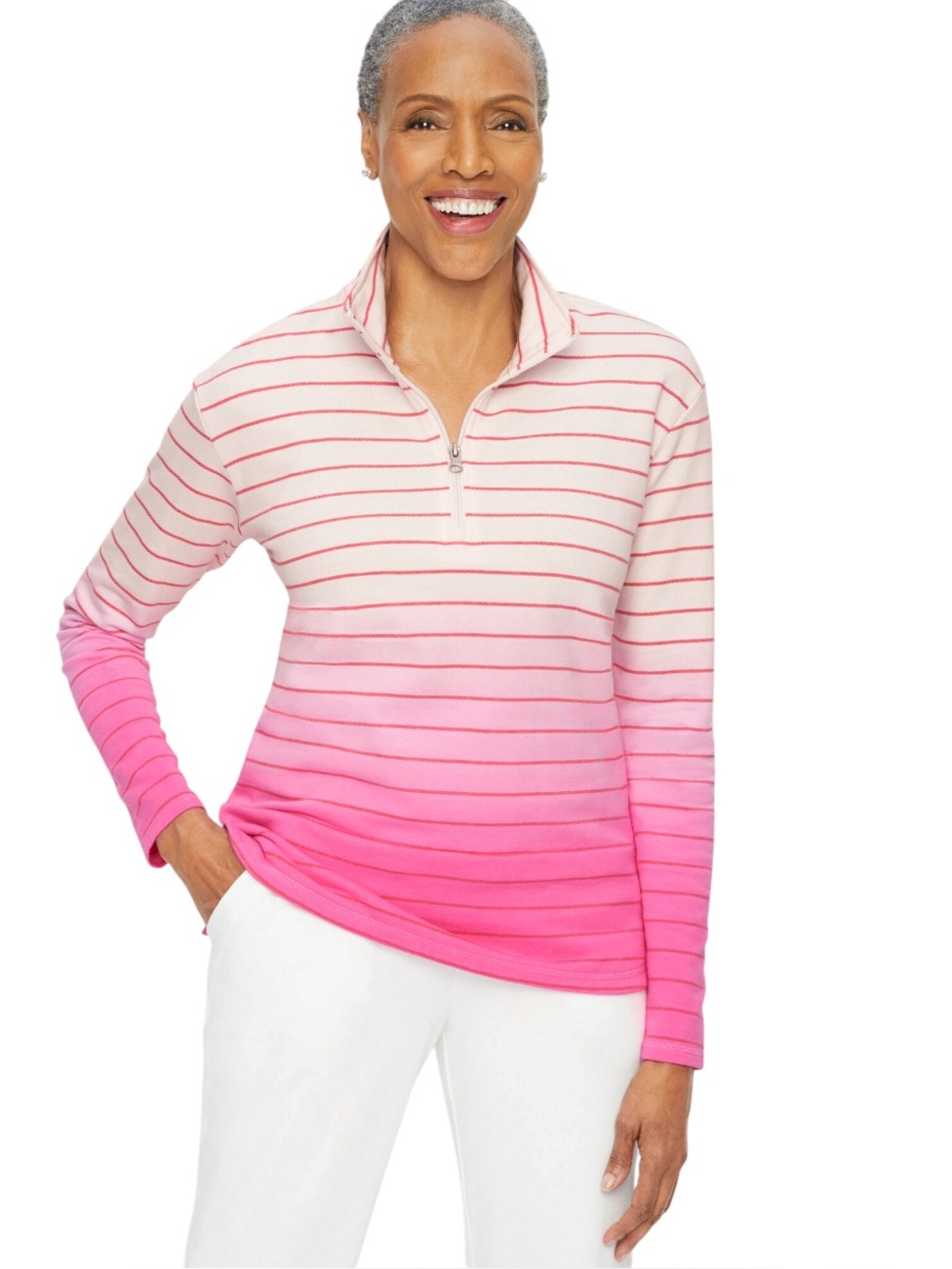 T by Talbots 1/4 Zip Pullover in Pink Ombre Striped Pattern